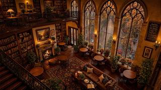 Rainy Autumn Grand Library Jazz 🍂 Warm Piano, Fireplace & Cozy Reading Ambience for Deep Focus Hours screenshot 3
