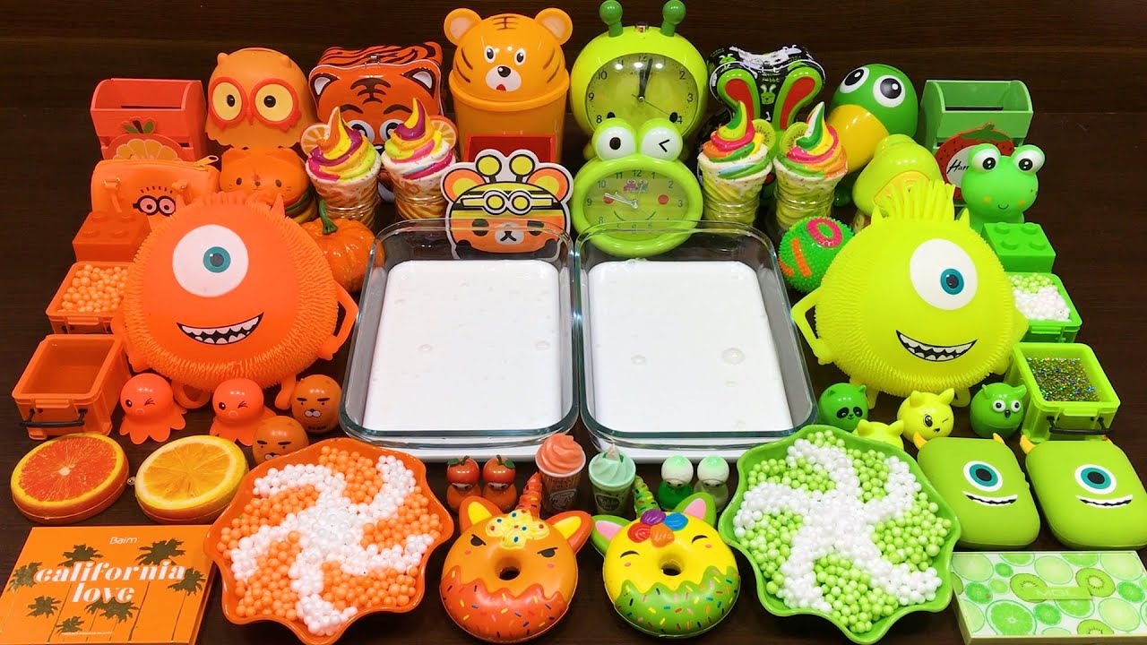 Eyes Orange vs Green ! Mixing Random Things into GLOSSY Slime ! Satisfying Slime Videos 