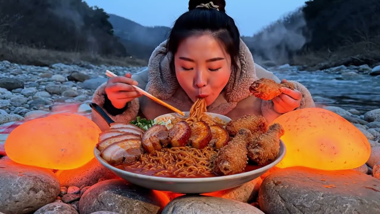 Outdoor Spicy Noodles & Fried Chicken Mukbang in the Cold