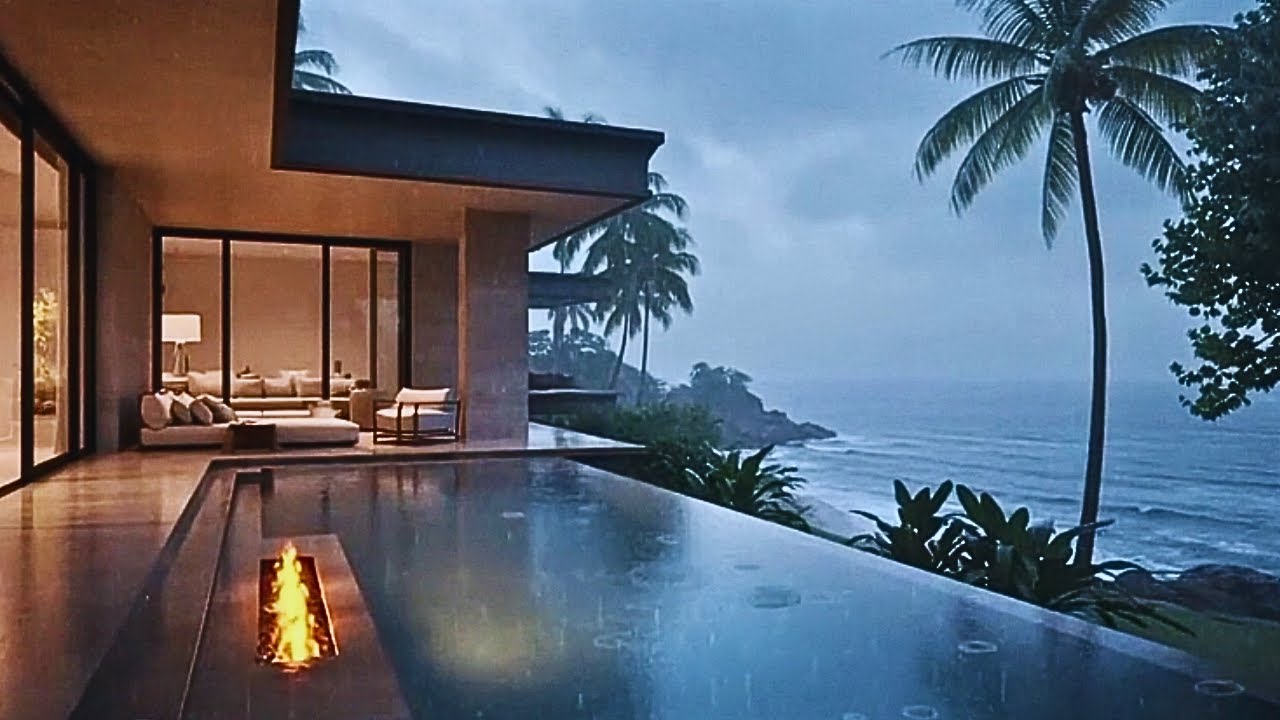 Gentle Tropical Rain at Luxury Thailand Villa at Night | Luxury Sleep Ambience