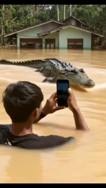 seorang pria merekam kemunculan seekor buaya di tengah banjir #viralvideo #shorts #buaya #ai #fyp