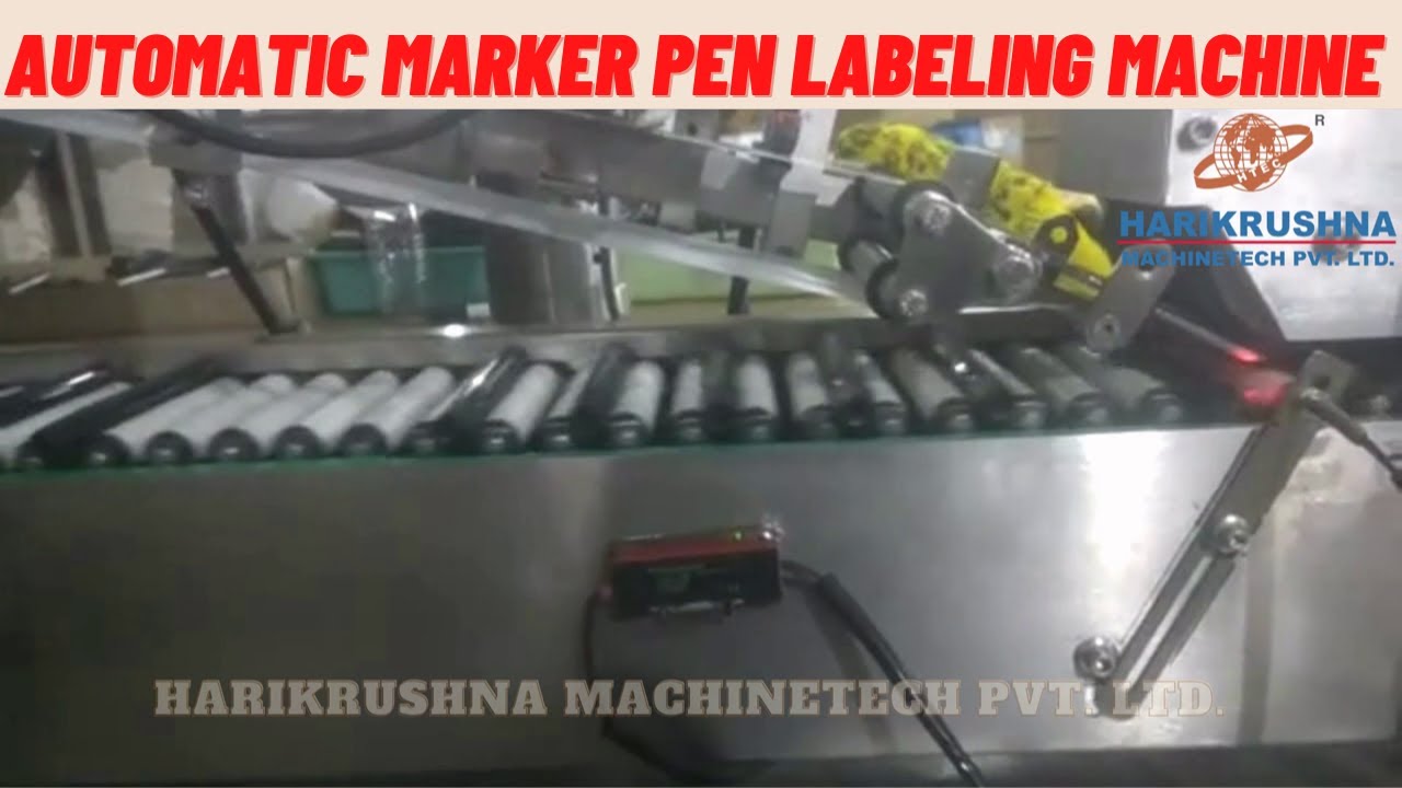 Marker Pen Sticker Labeling Machine with Roller Conveyor - YouTube