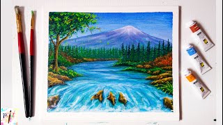 Beautiful Mount Fuji Waterfall Acrylic Landscape Scenery Painting | #paintingchallenge2 | Paint It