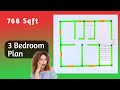 3 kamra ghar ka naksha || 768 square feet 3 bhk house plan || House Design | Home Design