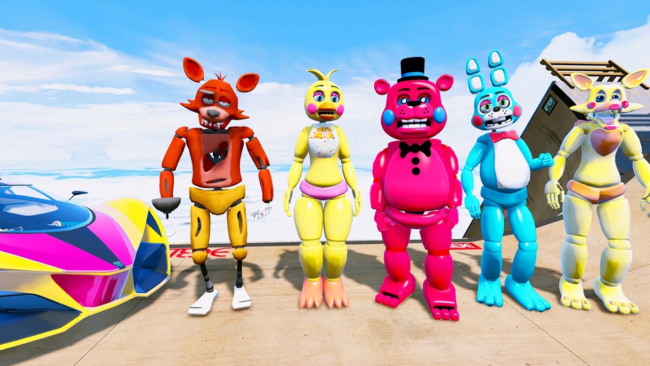 FOXY & TOY ANIMATRONICS vs WORLD'S BIGGEST RAMPS EVER! (GTA 5 Mods For Kids FNAF) RedHatter family friendly resorts