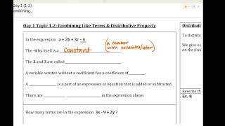 Day 1 (1-2) Topic 1: Combining Like Terms