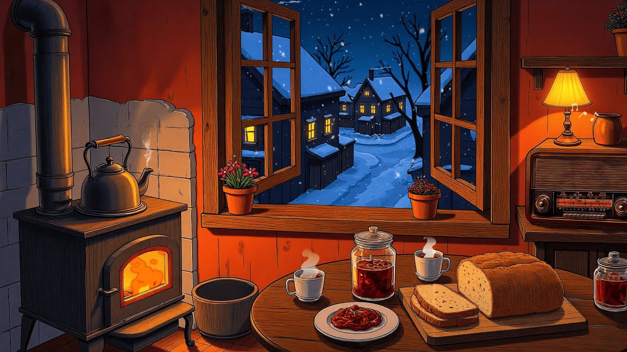 1940s Cozy Autumn Night Inside Cottage Kitchen Filled With Soft Vintage Jazz | Radio Cat Vintage
