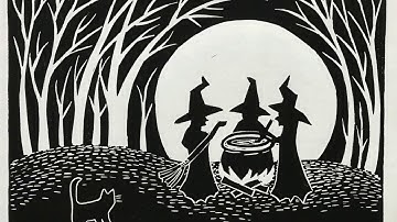 Cutting and Printing Witches Three Lino Print