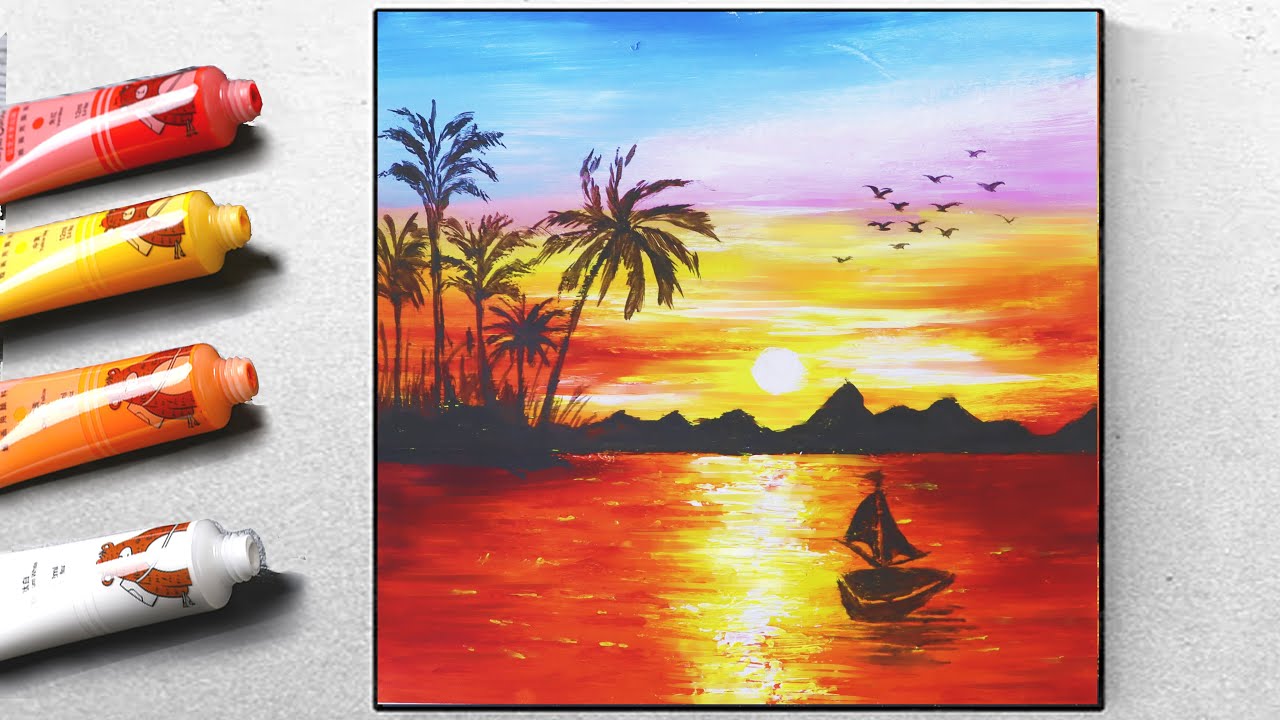 丙烯風景畫手繪教程，夕陽風景繪畫教學，Acrylic painting - YouTube