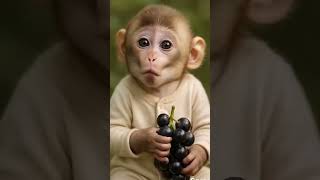 Baby Monkey Puffs Up His Cheeks with Grapes🍇🐒