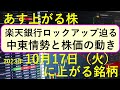 あす上がる株　2023年１０月１７日（火）に上がる銘柄　～最新の日本株での株式投資のお話です。イスラエル・ハマス戦争での中東情勢影響と楽天銀行のロックアップ～