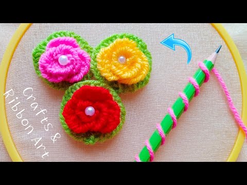 Amazing Woolen Rose Making Ideas with Pencil - Hand Embroidery Easy Trick - DIY Woolen Flowers