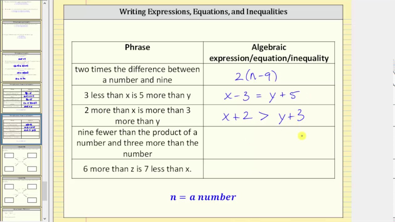 Writing Expression, Equations, or Inequalities from Statements 9