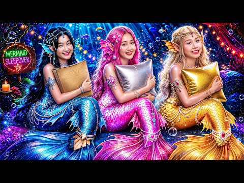 Broke Blue Vs Rich Pink Vs Giga Rich Yellow Mermaid At Build Sleepover Party Challenge!
