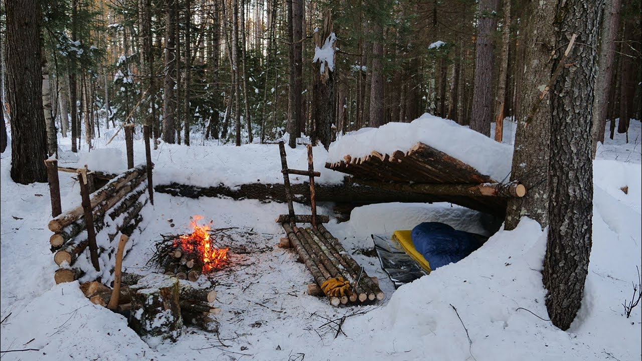 Sub-Zero Solo Winter Bushcraft Camp - Coyotes at Camp, Bushcraft Recliner,  Extreme Cold 