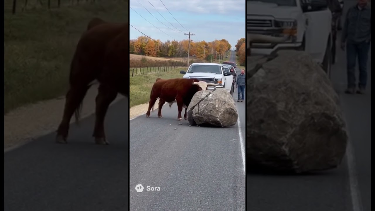 💥Bull Smashes Huge Rock Blocking the Road! Unstoppable Power!