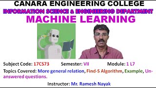 VTU MACHINE LEARNING17CS73 M1 L7 More General relation and Find S algorithm with example