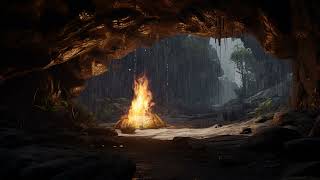 Dampened Fires| Rainfall Ambiance in the Cave for Relaxing Sleep and Tension Release