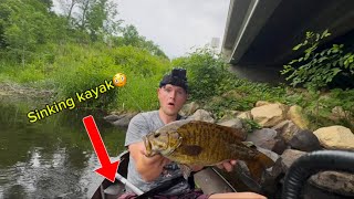 Fishing for big creek smallies in a sinking kayak! (Crazy action)