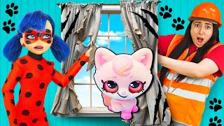 ¡Un GATITO se esconde en la casa de LadyBug! Video de juguetes para niños con Máster Pum Pum