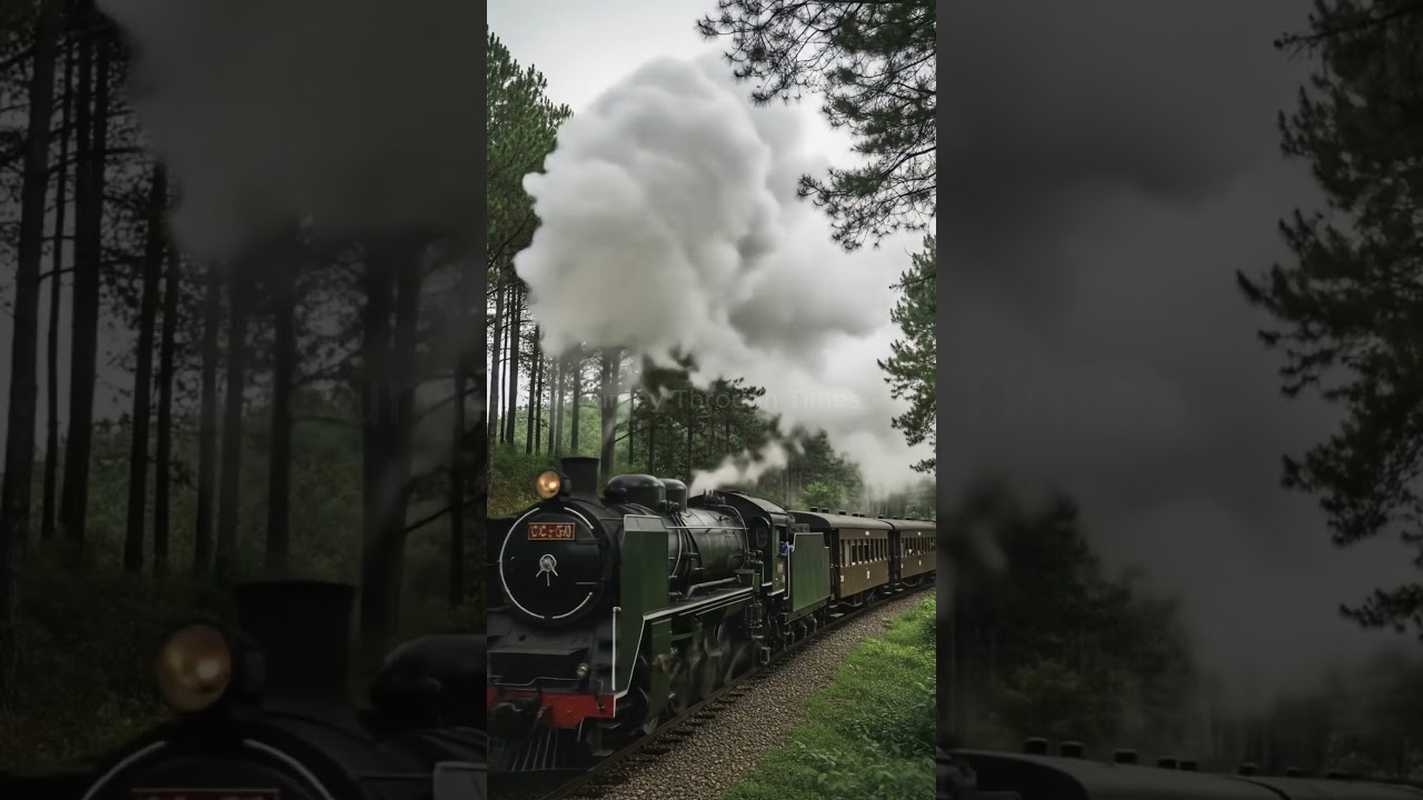 Steam Locomotive Enters a Pine Forest Hill 