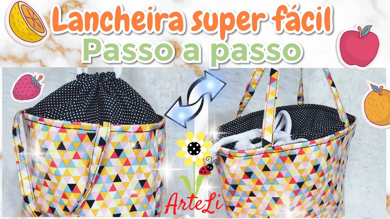 bolsa com fechamento em cordão, passo a passo, Lancheira, shoulder bag PAP.