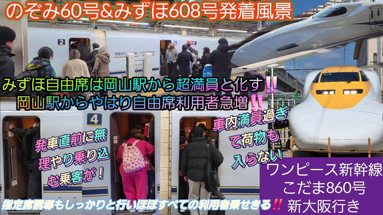 【2025年年末年始Uターン大混雑・こだまと接続の新幹線】こだま860号停車間にのぞみ60号とみずほ608号発着。みずほの自由席は混雑ピーク過ぎるも混雑続く！乗車が難航し発車直前まで駆け込みで乗車客も