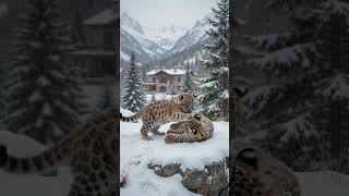 Three fluffy snow leopard cubs + a cozy snowy cabin = pure happiness! 🐆❄️🏡