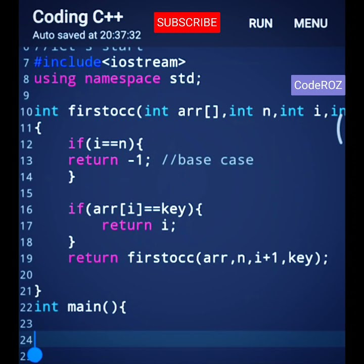 #67 Recursion : Find first occarance of an element in an array | c++ ...