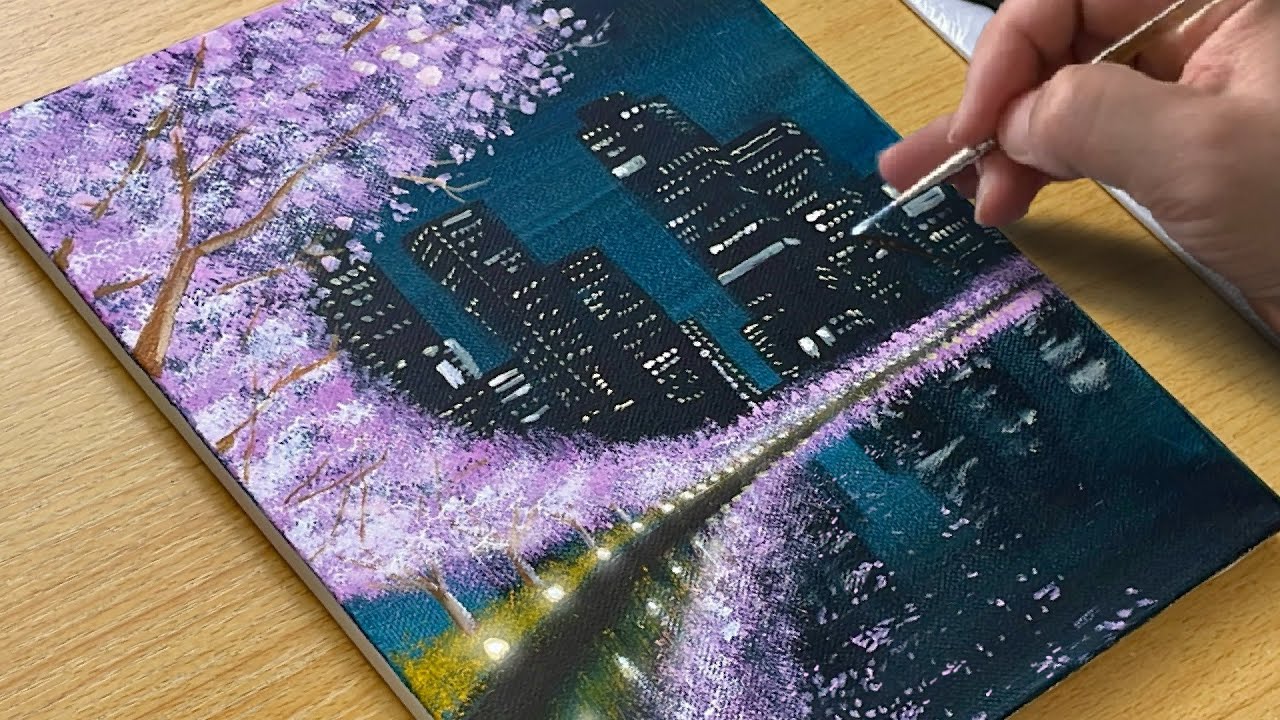 How to Draw Cherry Blossom Scenery / Acrylic Painting - YouTube