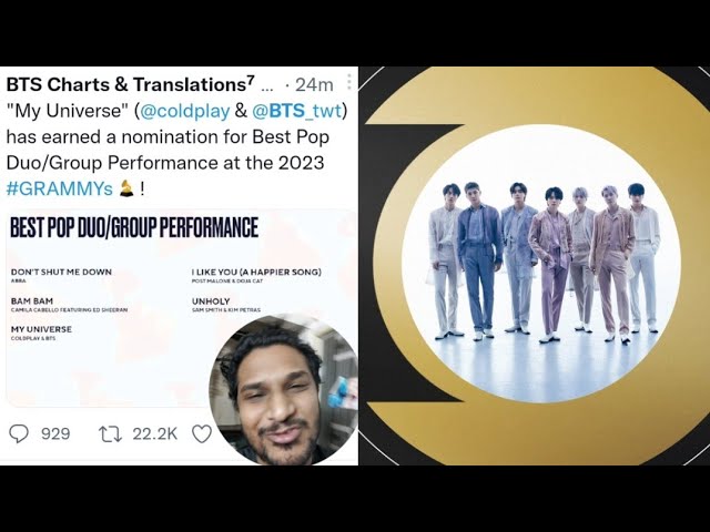 BTS Charts & Translations on X: My Universe (@coldplay & @BTS_twt)  has earned a nomination for Best Pop Duo/Group Performance at the 2023 # GRAMMYs!  / X