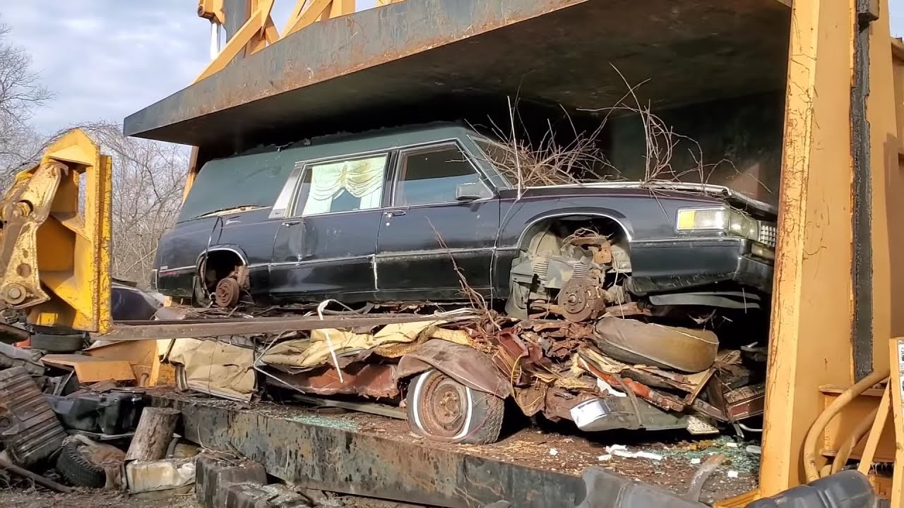 Car Crusher Crushing Cars 93 1989 cadillac Deville eureka hearse