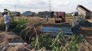 Best Project Land Filling Up Bulldozer KOMATSU Spreading Dirt And 12 Wheel Dump Truck Unloading