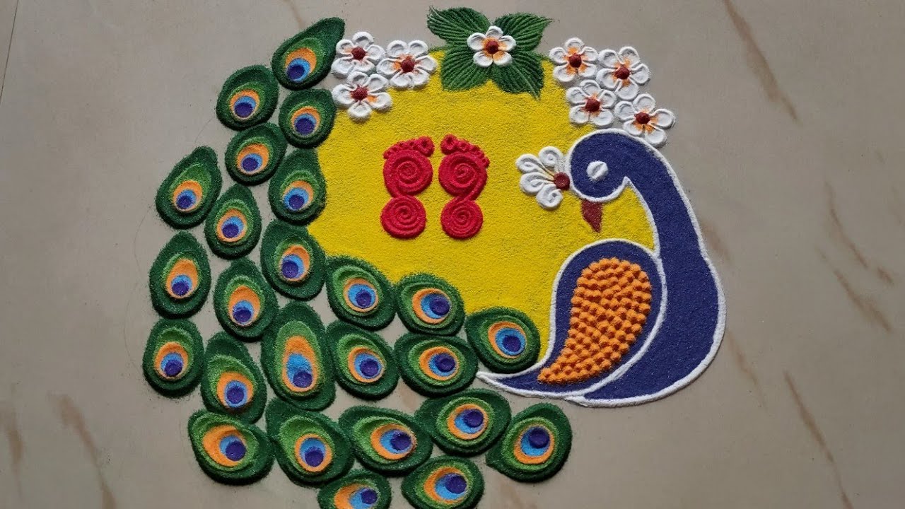 Easy & Beautiful Peacock Rangoli Design For Festivals| Laxmi Pooja ...