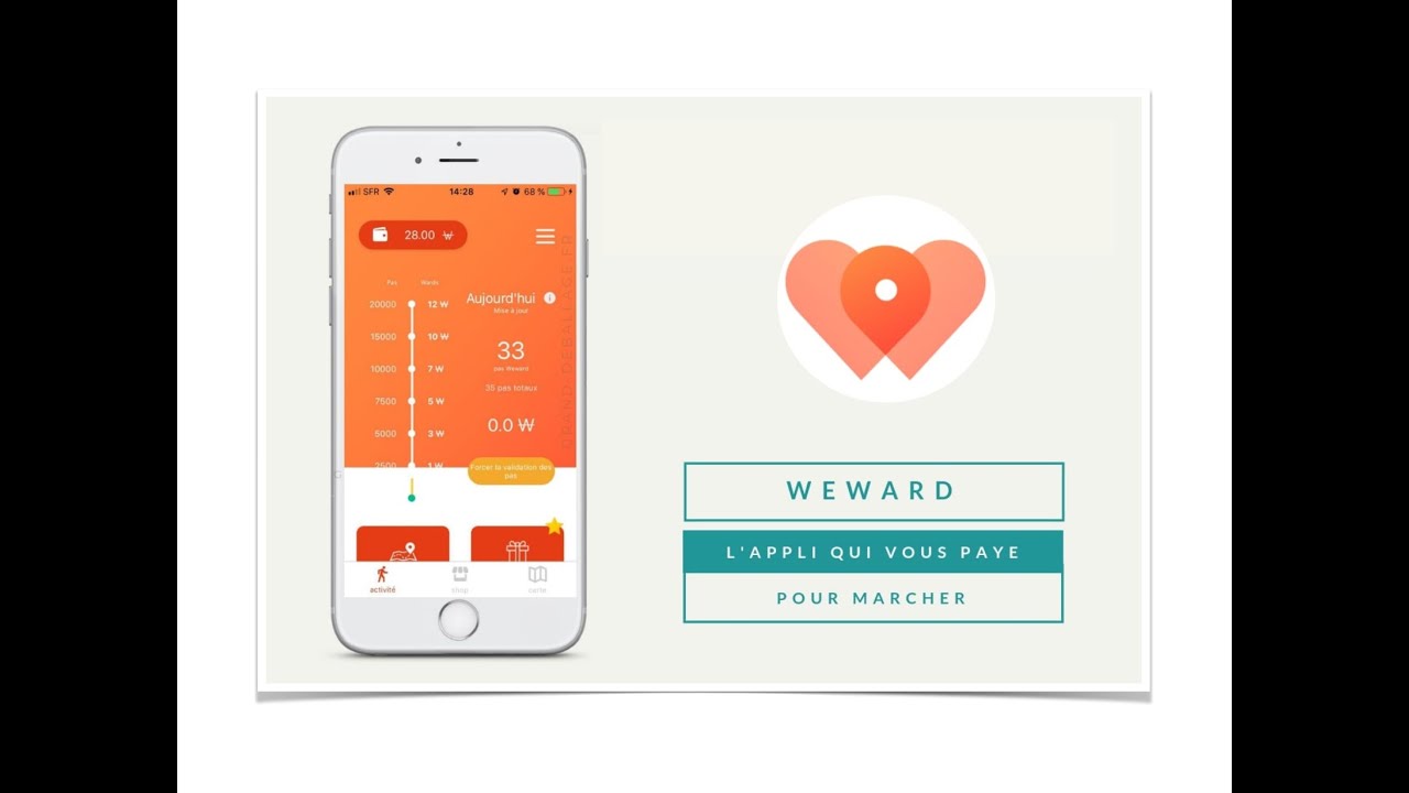 02/07/  WeWard est une application qui vous permet de gagner de l’argent en marchant.L’idée est simple: lorsque vous marchez, l’application fonctionne comme un podomètre et compte vos pas.Chaque fois que vous êtes actif, vous gagnez des points.Les points sont appelés Wards et ensuite vous pouvez les échanger contre des cadeaux.
