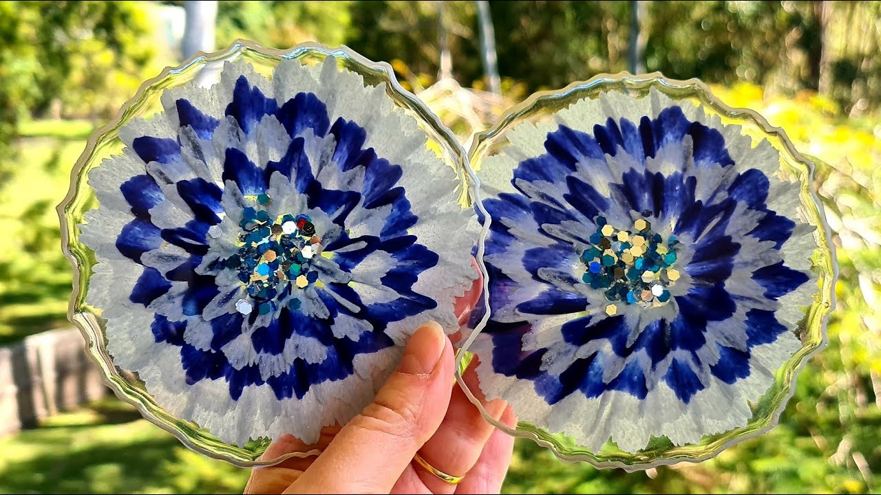 943 Navy Blue And Silver 3D Resin Flower Coaster YouTube