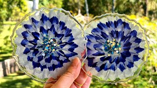 #943 Navy Blue And Silver 3D Resin Flower Coaster