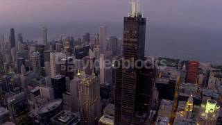 aerial sunset illuminated view willis tower skyscrapers chicago usa vknxqqdyg