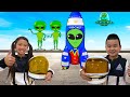 Emma and Lyndon Play Travel to Space and Alien Planet in their Spaceship Rocket Toy