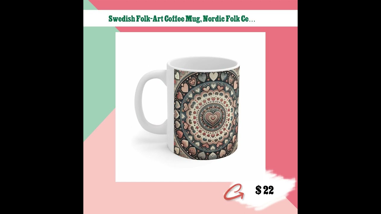 Swedish Folk-Art Coffee Mug, Nordic Folk Ceramic Tea Cup, Scandinavian Pattern Latte Drinkware, N...