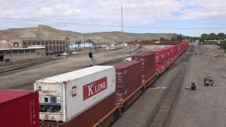 EBD Union Pacific #7376 K line  stacktrain arrives Green River, WY for crew change 7/2016