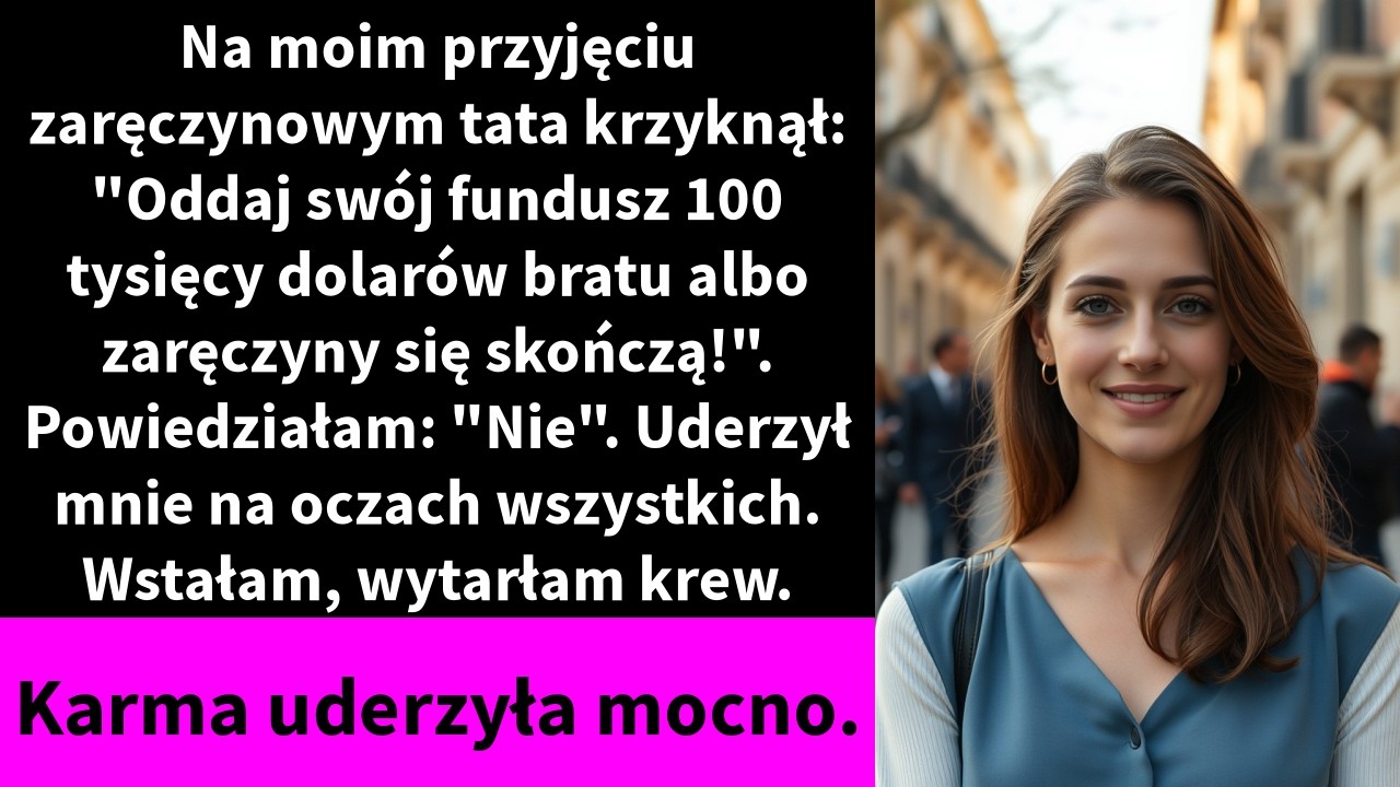 „Zamknij gębę” – warknął mój ojciec, popychając Chloe, moją narzeczoną, tak że potknęła się do tyłu. To była noc moich zaręczyn. Dom był pełen gości, grała jazzowa muzyka, a mój tata właśnie...