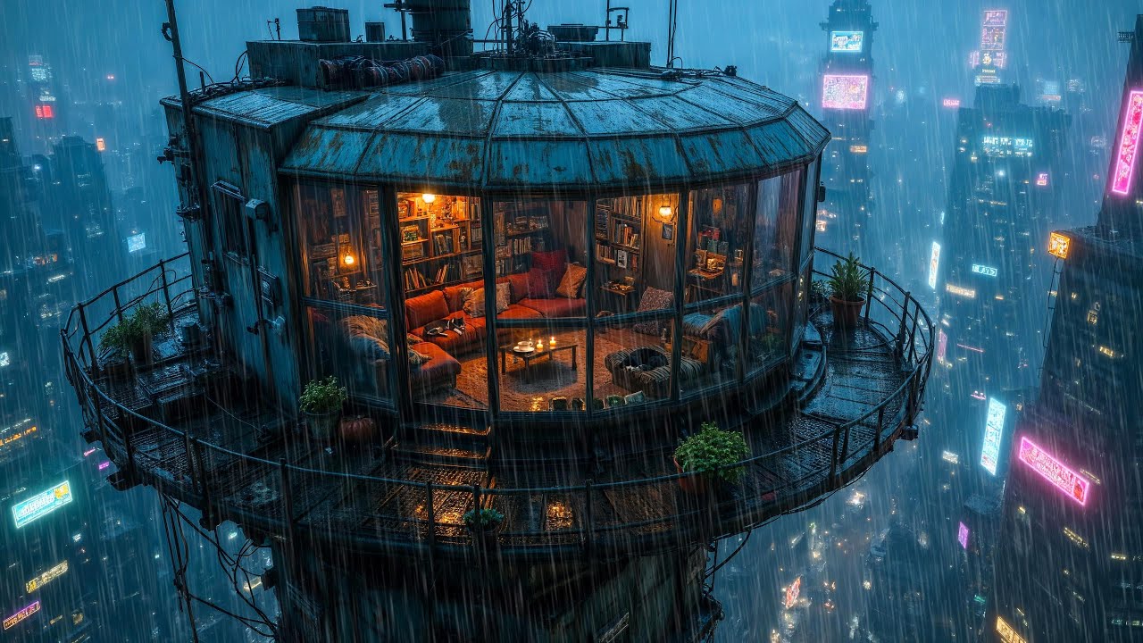Lofi Rain – Skyscraper Library Lo-fi in the Cyberpunk City | For Study, Sleep, or Relaxation | 4K