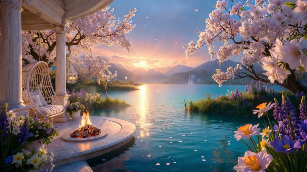Calm Cozy Fireplace Relaxing Cherry Blossom Lake Sunset | Piano, Harp & Strings Music Stress Relief