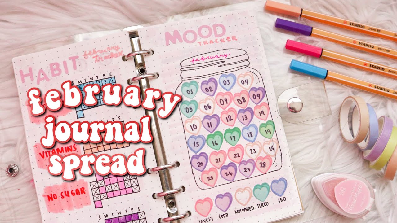 JOURNAL WITH ME 💓 february • pastel • strawberry cover • hearts mood tracker • pastel theme
