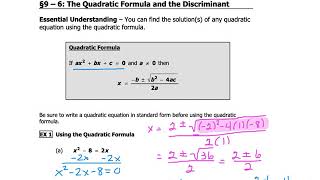 Alg 1 9-6 Quadratic Formula
