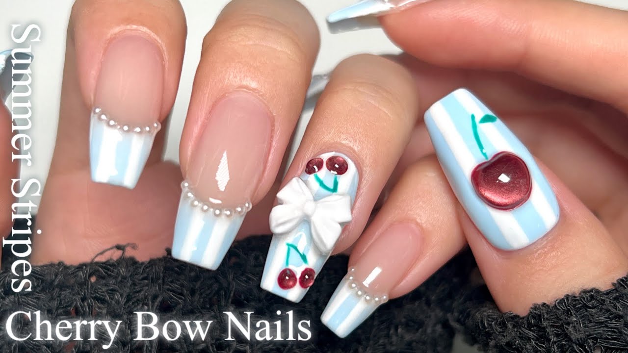 【セルフネイル】爽やかストライプ🏝️チェリー×リボンネイル🍒🎀 /チップ長さだし/ASMR