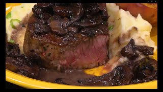 Serves 4 steaks, 8-12 oz. each salt and pepper to taste 2 tablespoons
sunflower oil, separated butter, 1-8oz. package mushrooms 1 t...