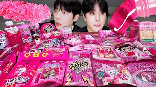 ASMR MUKBANG | PINK FOOD JELLY CANDY Desserts (FIRE Noodles, chocolate) Convenience store