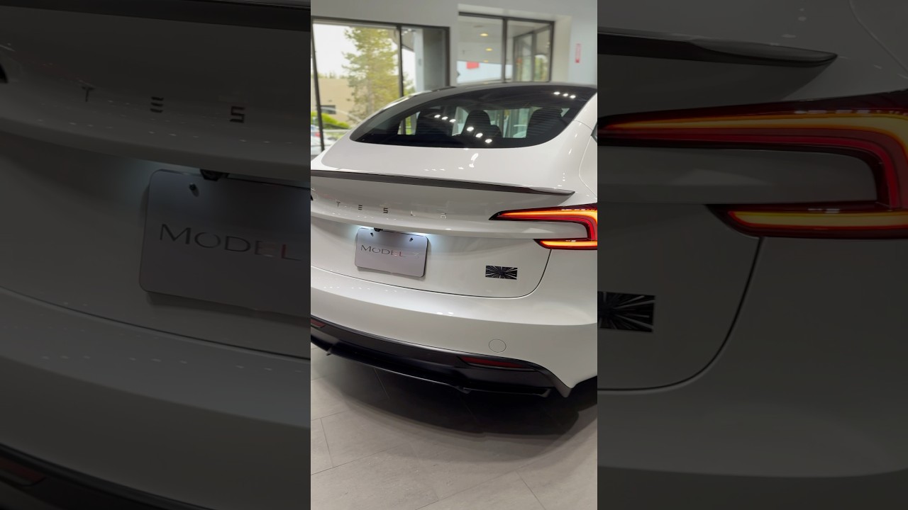2025 Tesla Model 3 Rear Exterior Review | Pearl White Multicoat Color Option | Creamy Tesla Sedan